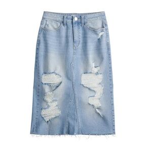 SO Distressed High Rise Denim Midi Skirt | Size 0 / 24W | Juniors Kohl's Exclusi
